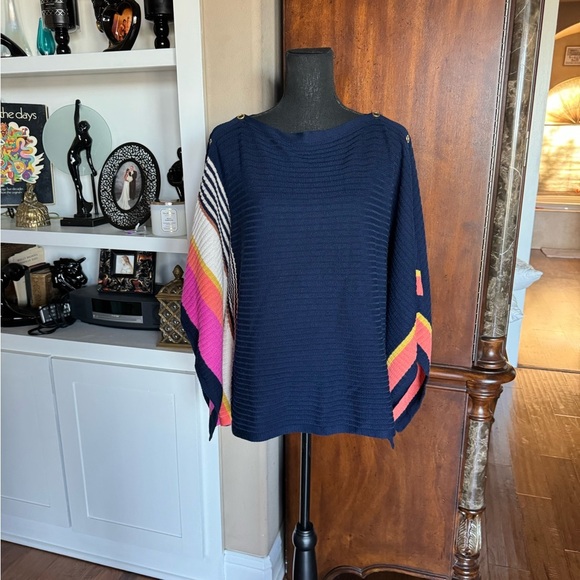 Trina Turk Wool‎ Blue Navy Stripe Poncho Sweater - Picture 1 of 11